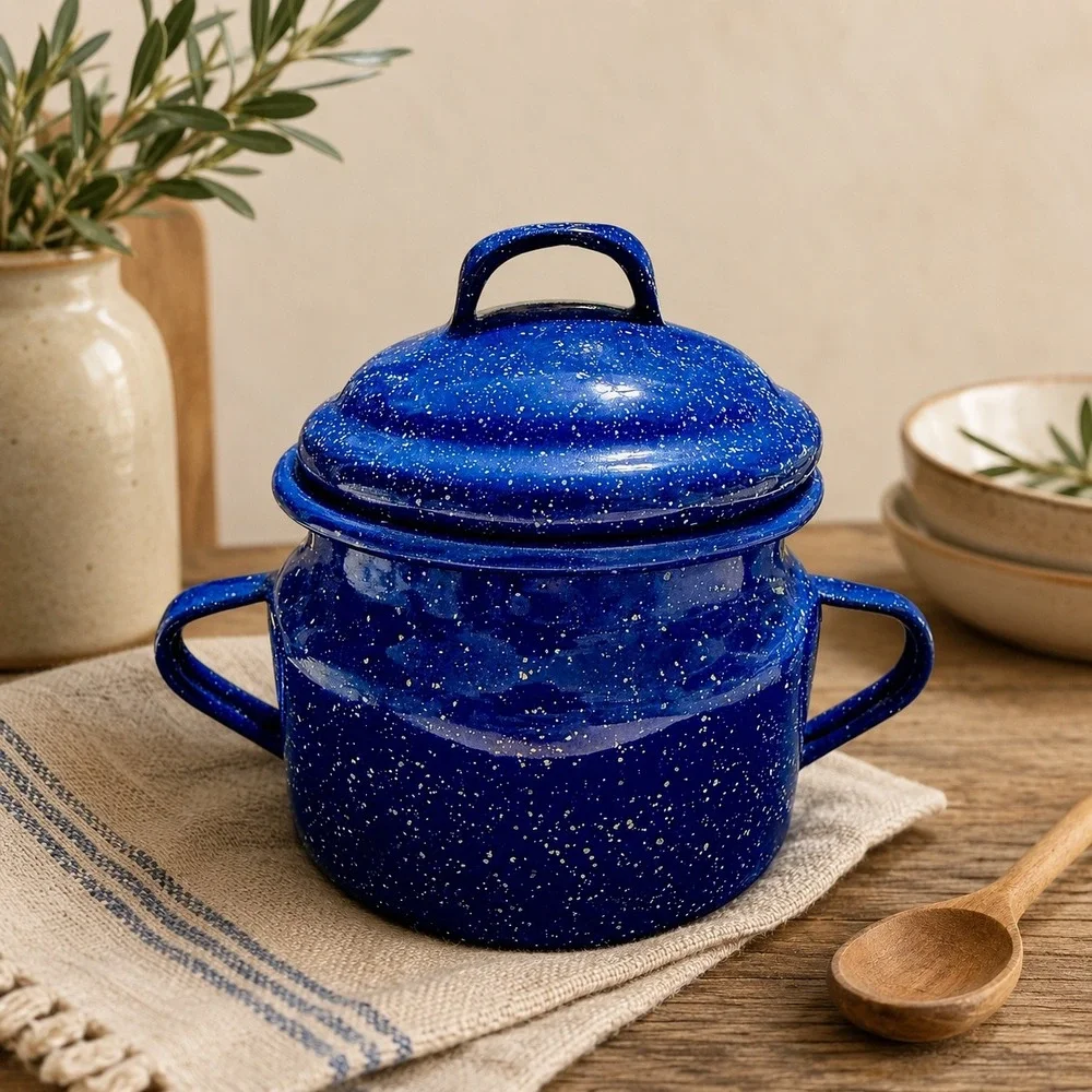 Cinsa Blue Granite Enamelware Stock Pot with Lid Saltillo Mexico Speckled 6.5in